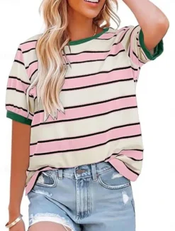 Outlet Women's T Shirt Striped Fashion Stylish Classic Short Sleeve Crew Neck Regular Tops Daily Weekend Print Black Pink Red Fuchsia Green Summer Spring Women T-Shirts
