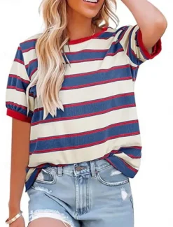 Outlet Women's T Shirt Striped Fashion Stylish Classic Short Sleeve Crew Neck Regular Tops Daily Weekend Print Black Pink Red Fuchsia Green Summer Spring Women T-Shirts