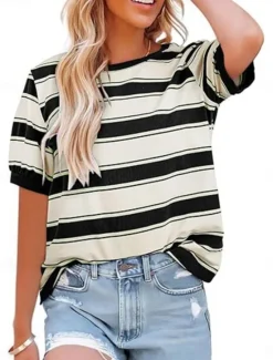 Outlet Women's T Shirt Striped Fashion Stylish Classic Short Sleeve Crew Neck Regular Tops Daily Weekend Print Black Pink Red Fuchsia Green Summer Spring Women T-Shirts