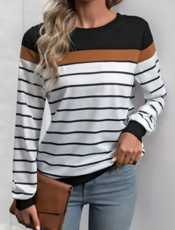 Discount Women's T Shirt Striped Fashion Modern Casual Long Sleeve Crew Neck Regular Tops Daily Weekend Fall Winter Women T-Shirts