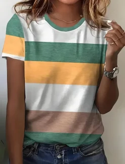 New Women's T Shirt Striped Tropical Hawaiian Casual Short Sleeve Round Neck Regular Tops Daily Sports Going out Print Summer Women Women's Tops