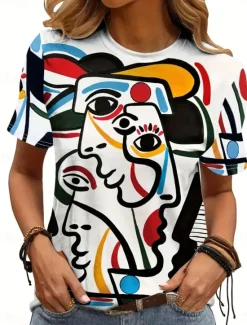 Hot Women's T Shirt Stylish Casual Print Short Sleeve Regular Tops Crew Neck Daily White Pink Blue Summer Women T-Shirts