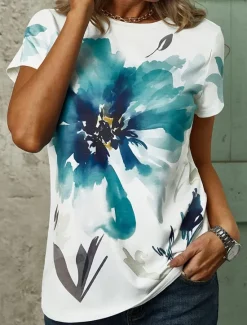 New Women's T Shirt Stylish Casual Print Short Sleeve Regular Tops Crew Neck Daily White Red Green Summer Women Spring Tops