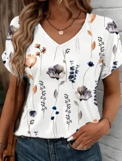 Hot Women's T Shirt Stylish Casual Floral Print Short Sleeve Regular Tops V Neck Daily Summer Women Spring Tops