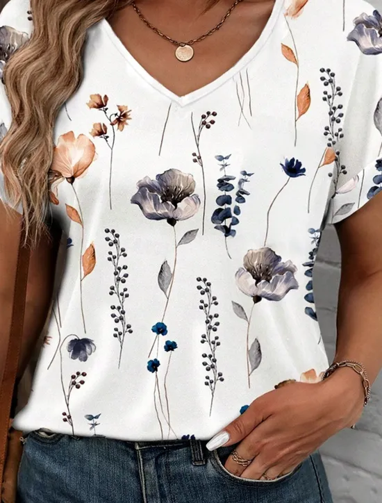 Hot Women's T Shirt Stylish Casual Floral Print Short Sleeve Regular Tops V Neck Daily Summer Women Spring Tops