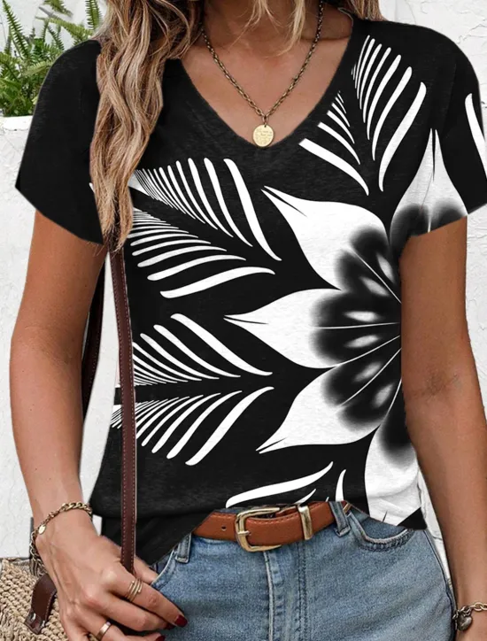 Best Women's T Shirt Stylish Floral Short Sleeve Regular Tops V Neck Daily Summer Spring Women Spring Tops