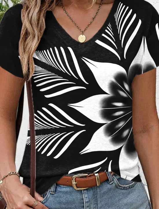 Best Women's T Shirt Stylish Floral Short Sleeve Regular Tops V Neck Daily Summer Spring Women Spring Tops