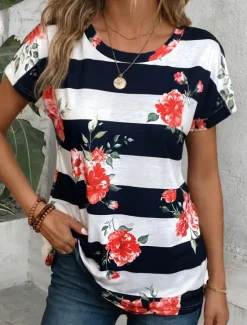 Online Women's T Shirt Summer Tops Vintage Fashion Short Sleeve Regular Tops Crew Neck Daily Weekend Summer Women Spring Tops