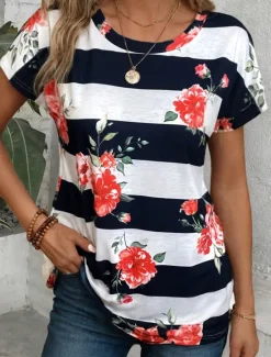 Online Women's T Shirt Summer Tops Vintage Fashion Short Sleeve Regular Tops Crew Neck Daily Weekend Summer Women Spring Tops