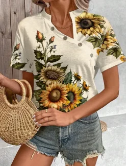 Outlet Women's T Shirt Sunflower Fashion Short Sleeve V Neck Regular Tops Daily Weekend Buttons Print Summer Women Spring Tops
