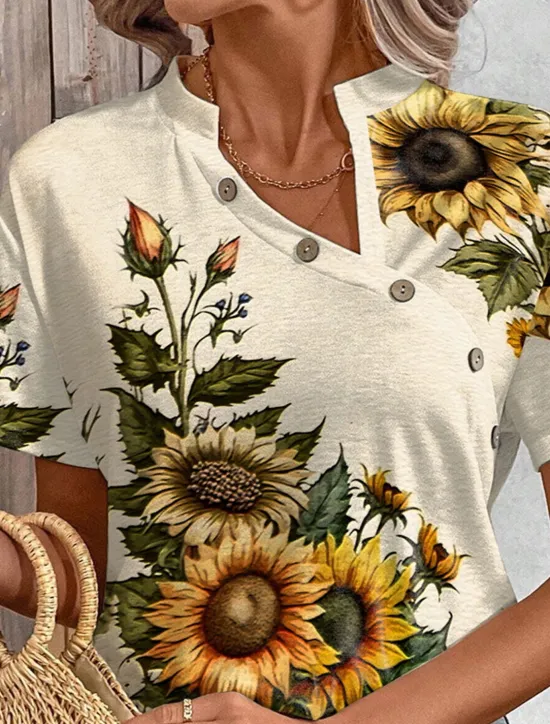 Outlet Women's T Shirt Sunflower Fashion Short Sleeve V Neck Regular Tops Daily Weekend Buttons Print Summer Women Spring Tops