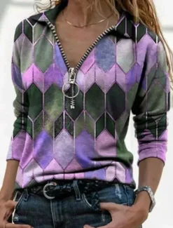 Women's T shirt Tee Blue Purple Orange Geometric Color Block Quarter Zip Print Long Sleeve Casual Daily Basic Shirt Collar Regular S Women Boho Tops