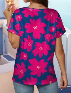Online Women's T Shirt Tee Floral Print Beach Holiday Casual V-Neck Short Sleeve Fashion Summer Shirt Top Women Spring Tops