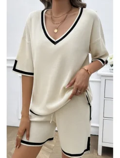 Discount Women's T shirt Tee Striped Print Daily Casual Half Sleeve V Neck Sky Blue Summer Home Outfits Women Pajama-Setter