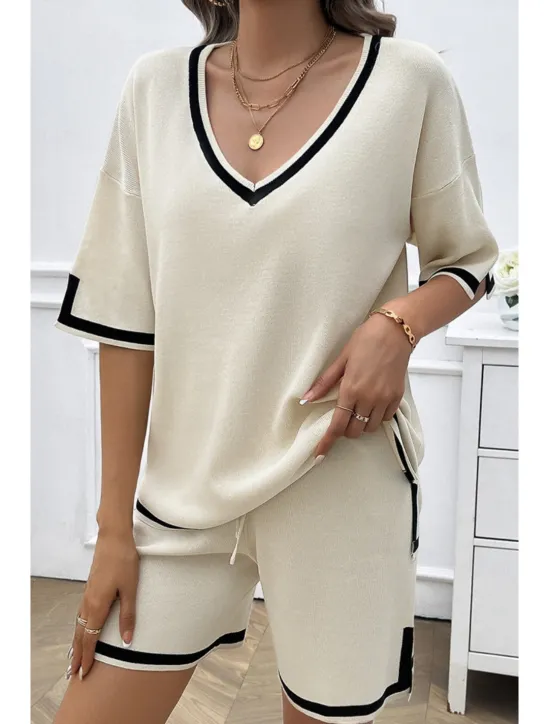 Discount Women's T shirt Tee Striped Print Daily Casual Half Sleeve V Neck Sky Blue Summer Home Outfits Women Pajama-Setter
