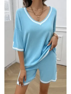 Discount Women's T shirt Tee Striped Print Daily Casual Half Sleeve V Neck Sky Blue Summer Home Outfits Women Pajama-Setter