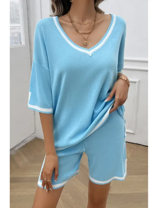 Discount Women's T shirt Tee Striped Print Daily Casual Half Sleeve V Neck Sky Blue Summer Home Outfits Women Pajama-Setter