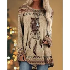 Best Women's T shirt Tee Tunic Graphic Animal Animal Patterned Animal Pattern Long Sleeve Casual Daily Vintage Western Retro Round Neck Spring & Fall Fall & Winter Women Boho Tops