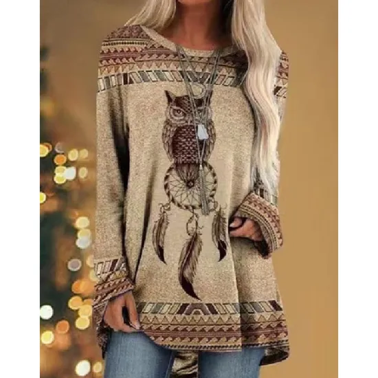 Best Women's T shirt Tee Tunic Graphic Animal Animal Patterned Animal Pattern Long Sleeve Casual Daily Vintage Western Retro Round Neck Spring & Fall Fall & Winter Women Boho Tops
