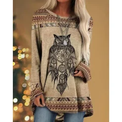 Best Women's T shirt Tee Tunic Graphic Animal Animal Patterned Animal Pattern Long Sleeve Casual Daily Vintage Western Retro Round Neck Spring & Fall Fall & Winter Women Boho Tops