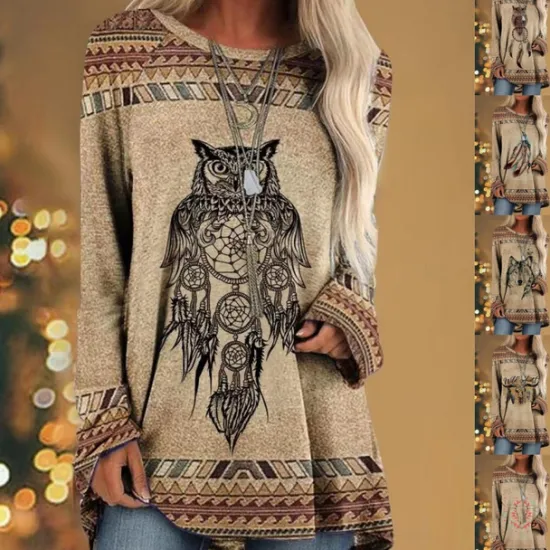 Best Women's T shirt Tee Tunic Graphic Animal Animal Patterned Animal Pattern Long Sleeve Casual Daily Vintage Western Retro Round Neck Spring & Fall Fall & Winter Women Boho Tops