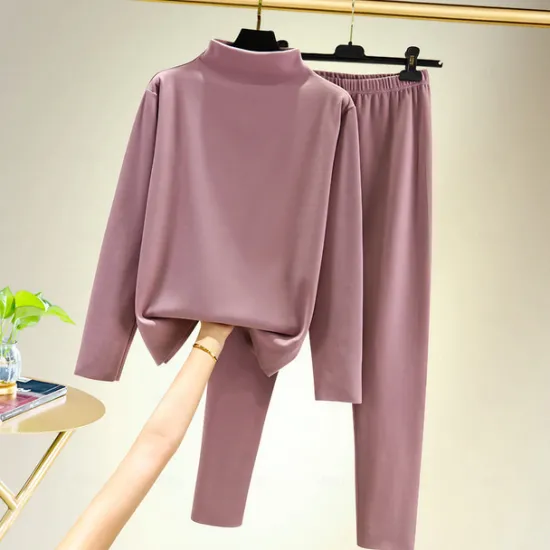 Outlet Women's T shirt Tee Undershirt Pants Sets Bottoming Shirt Casual Daily Basic Long Sleeve Crew Neck Turtleneck Black Fall & Winter Home Outfits Women Pajama-Setter