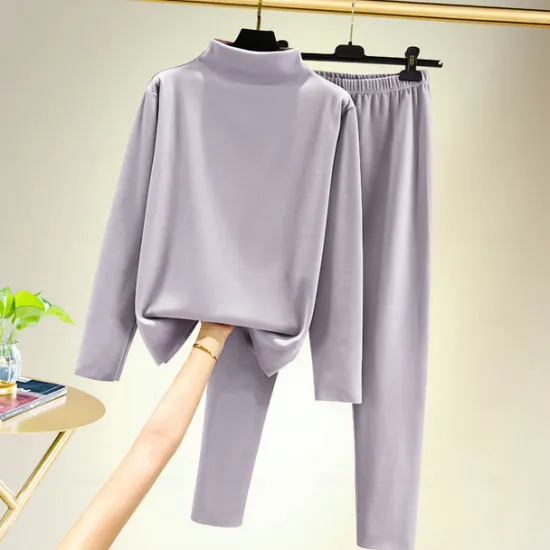 Outlet Women's T shirt Tee Undershirt Pants Sets Bottoming Shirt Casual Daily Basic Long Sleeve Crew Neck Turtleneck Black Fall & Winter Home Outfits Women Pajama-Setter