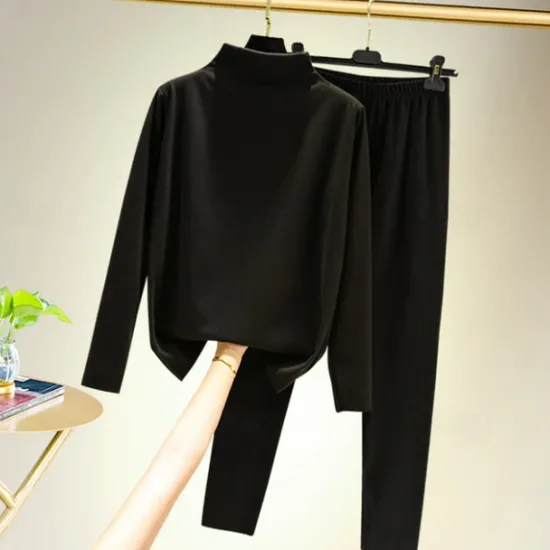 Outlet Women's T shirt Tee Undershirt Pants Sets Bottoming Shirt Casual Daily Basic Long Sleeve Crew Neck Turtleneck Black Fall & Winter Home Outfits Women Pajama-Setter