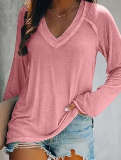 Women's T shirt Tee White Pink Blue Plain Solid Colored Patchwork Long Sleeve Daily Weekend Basic V Neck Regular Loose Fit S Women T-Shirts