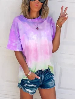 Sale Women's T Shirt Tie Dye Fashion Short Sleeve Round Neck Regular Tops Daily Weekend Print Pink Red Blue Purple Green Summer Women T-Shirts