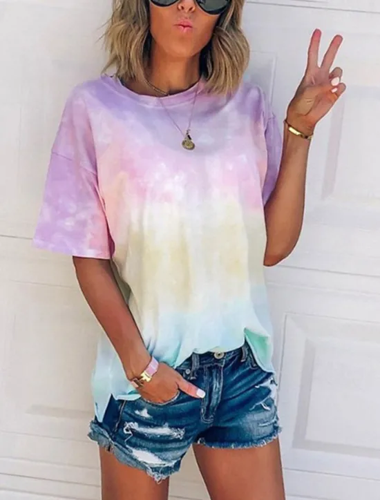 Sale Women's T Shirt Tie Dye Fashion Short Sleeve Round Neck Regular Tops Daily Weekend Print Pink Red Blue Purple Green Summer Women T-Shirts