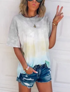 Sale Women's T Shirt Tie Dye Fashion Short Sleeve Round Neck Regular Tops Daily Weekend Print Pink Red Blue Purple Green Summer Women T-Shirts