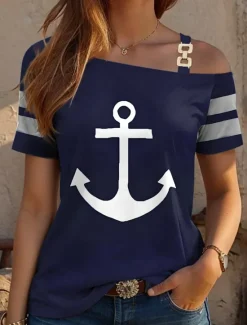 Sale Women's T Shirt Tropical Hawaiian Casual Short Sleeve Asymmetric Neck Regular Tops Daily Sports Going out White Blue Summer Spring Women Women's Tops