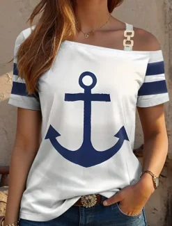 Sale Women's T Shirt Tropical Hawaiian Casual Short Sleeve Asymmetric Neck Regular Tops Daily Sports Going out White Blue Summer Spring Women Women's Tops