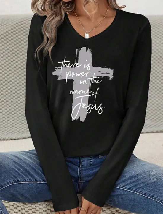 Best Women's T Shirt V Neck Long Sleeve Tunic Fashion Casual Letter Print Regular Tops Daily Spring & Fall Women T-Shirts