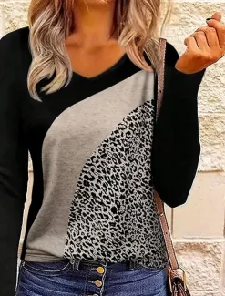 Clearance Women's T Shirt V Neck Long Sleeve Tunic Leopard Color Block Casual Regular Tops Daily Print Spring Fall Women T-Shirts