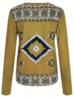 Online Women's T Shirt V Neck Long Sleeve Tunic Vintage Ethnic Print Regular Tops Vacation Yellow Pink Navy Blue Spring Fall Women Boho Tops