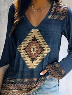 Online Women's T Shirt V Neck Long Sleeve Tunic Vintage Ethnic Print Regular Tops Vacation Yellow Pink Navy Blue Spring Fall Women Boho Tops