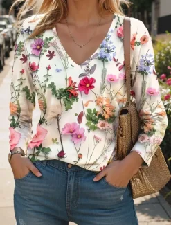 Clearance Women's T Shirt V Neck Long Sleeve Tunic Fashion Modern Casual Regular Tops Daily Weekend Print Pearl Wine Blue Purple Green Fall Winter Women Spring Tops