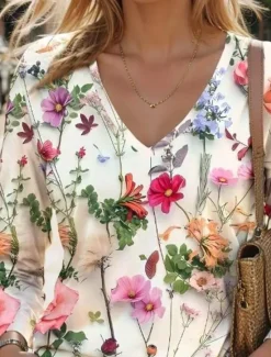 Clearance Women's T Shirt V Neck Long Sleeve Tunic Fashion Modern Casual Regular Tops Daily Weekend Print Pearl Wine Blue Purple Green Fall Winter Women Spring Tops