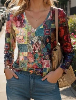 Clearance Women's T Shirt V Neck Long Sleeve Tunic Fashion Modern Casual Regular Tops Daily Weekend Print Pearl Wine Blue Purple Green Fall Winter Women Spring Tops