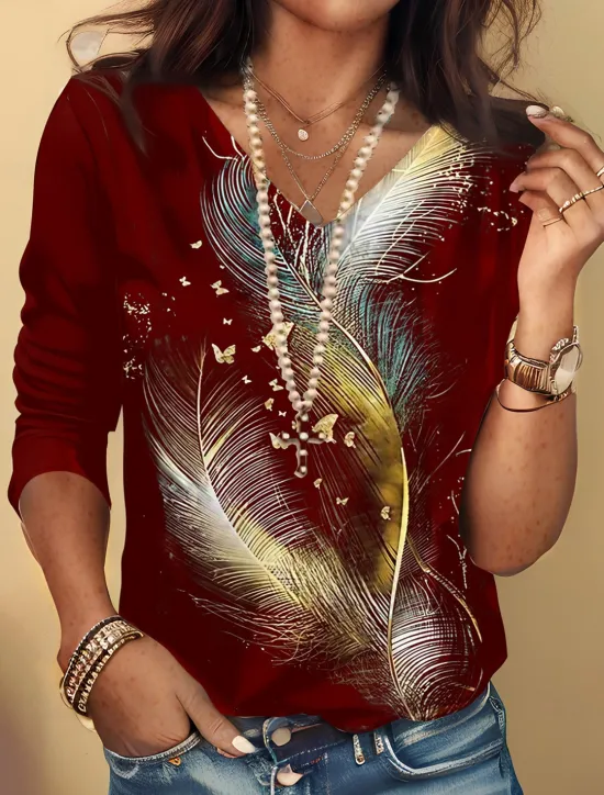 Best Women's T Shirt V Neck Long Sleeve Tunic Feather Fashion Regular Tops Daily Weekend Print White Wine Brown Spring & Fall Women Boho Tops