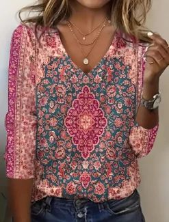 Online Women's T Shirt V Neck Long Sleeve Tunic Floral Vintage Elegant Vintage Regular Tops Daily Print Spring Fall Women Boho Tops
