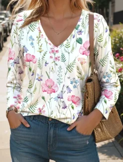 Hot Women's T Shirt V Neck Long Sleeve Tunic Floral Fashion Modern Casual Regular Tops Daily Weekend Print Black White Pink Blue Green Fall Winter Women Spring Tops