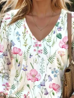 Hot Women's T Shirt V Neck Long Sleeve Tunic Floral Fashion Modern Casual Regular Tops Daily Weekend Print Black White Pink Blue Green Fall Winter Women Spring Tops