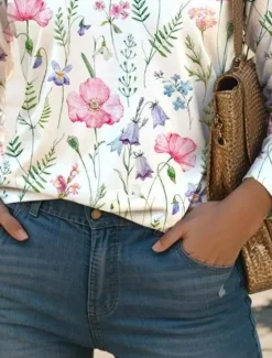 Hot Women's T Shirt V Neck Long Sleeve Tunic Floral Fashion Modern Casual Regular Tops Daily Weekend Print Black White Pink Blue Green Fall Winter Women Spring Tops