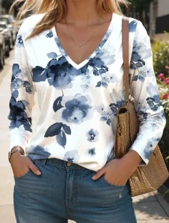Hot Women's T Shirt V Neck Long Sleeve Tunic Floral Fashion Modern Casual Regular Tops Daily Weekend Print Black White Pink Blue Green Fall Winter Women Spring Tops