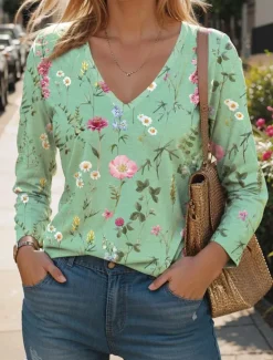 Hot Women's T Shirt V Neck Long Sleeve Tunic Floral Fashion Modern Casual Regular Tops Daily Weekend Print Black White Pink Blue Green Fall Winter Women Spring Tops