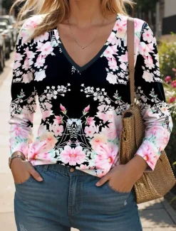 Hot Women's T Shirt V Neck Long Sleeve Tunic Floral Fashion Modern Casual Regular Tops Daily Weekend Print Black White Pink Blue Green Fall Winter Women Spring Tops