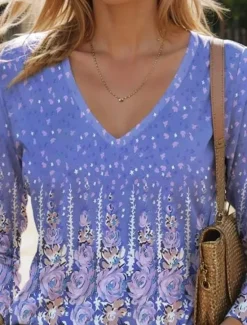 Hot Women's T Shirt V Neck Long Sleeve Tunic Fashion Modern Casual Regular Tops Daily Weekend Print White Royal Blue Blue Green Khaki Fall Winter Women Spring Tops|Boho Tops